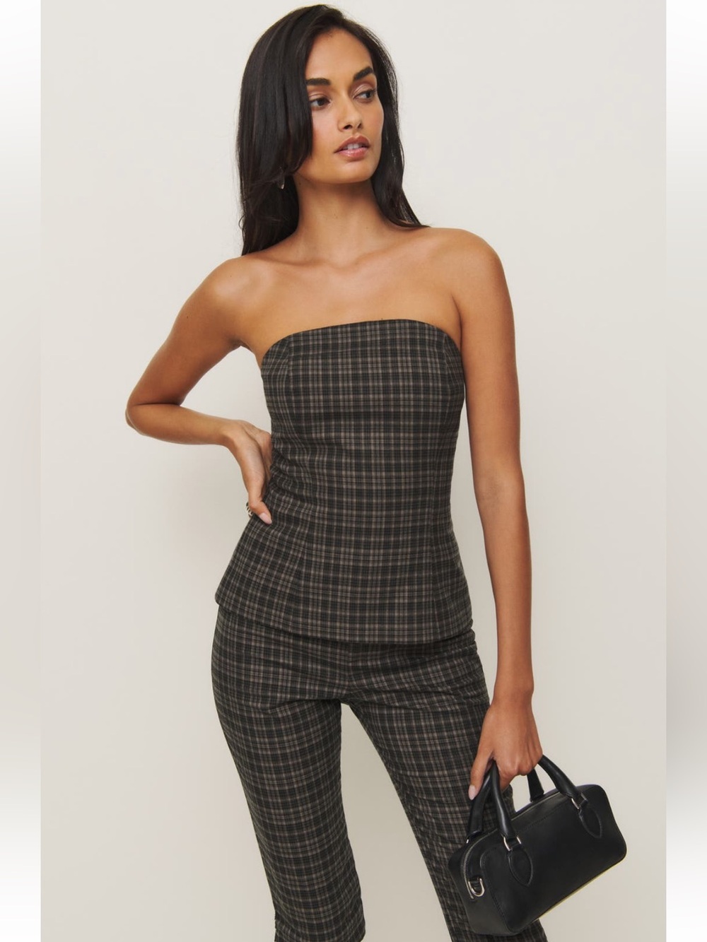 Reformation Strapless Plaid two piece pant set
